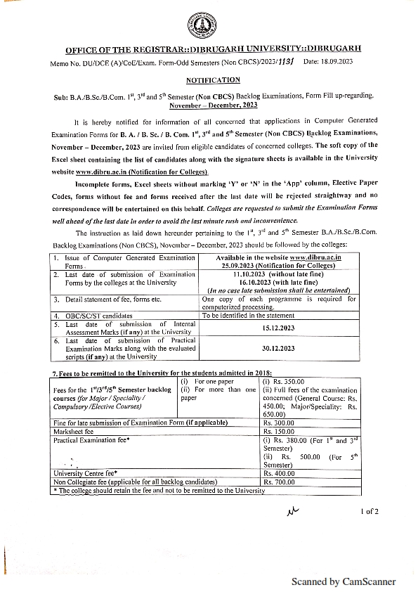 Form fill up notification for B.A. B.Sc . B.Com . Exam 001