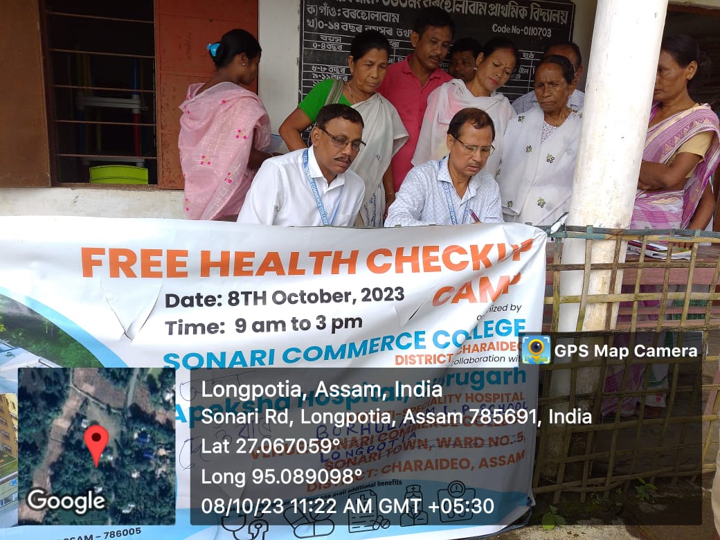 Free Health Check up camp organized By Sonari Commerce College at adopted  village Borholabam Gaon, Longpotia in collaboration with Apeksha Hospital  Dibrugarh.