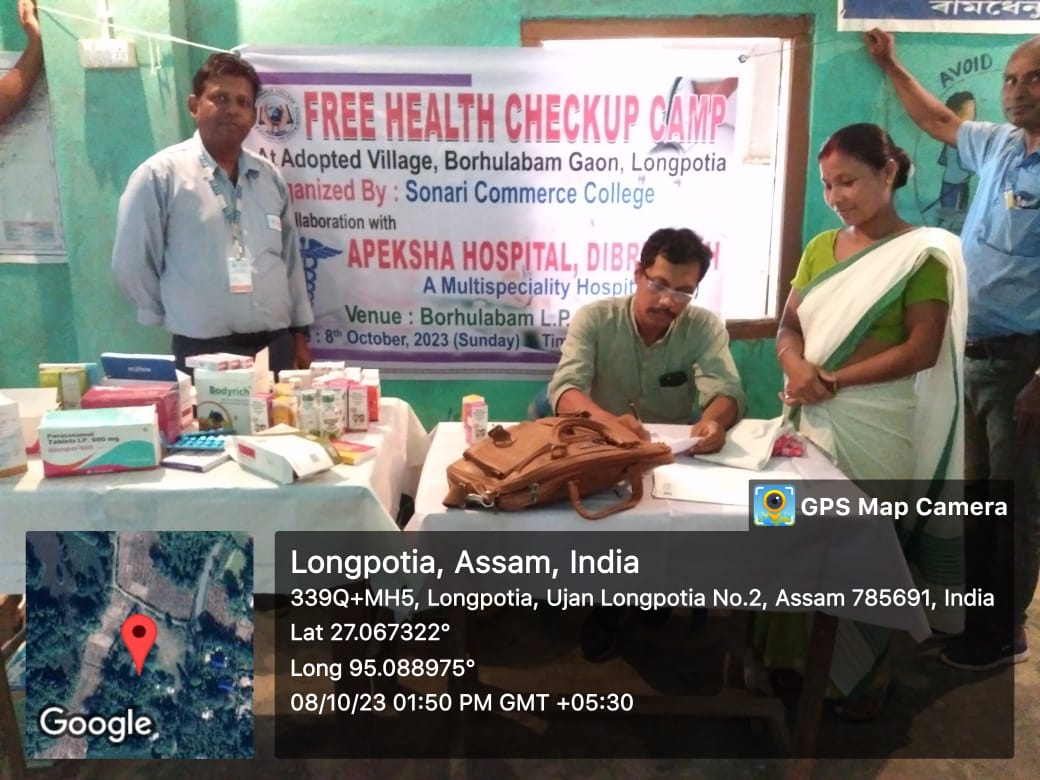 Free Health Check up camp organized By Sonari Commerce College at adopted  village Borholabam Gaon, Longpotia in collaboration with Apeksha Hospital  Dibrugarh.