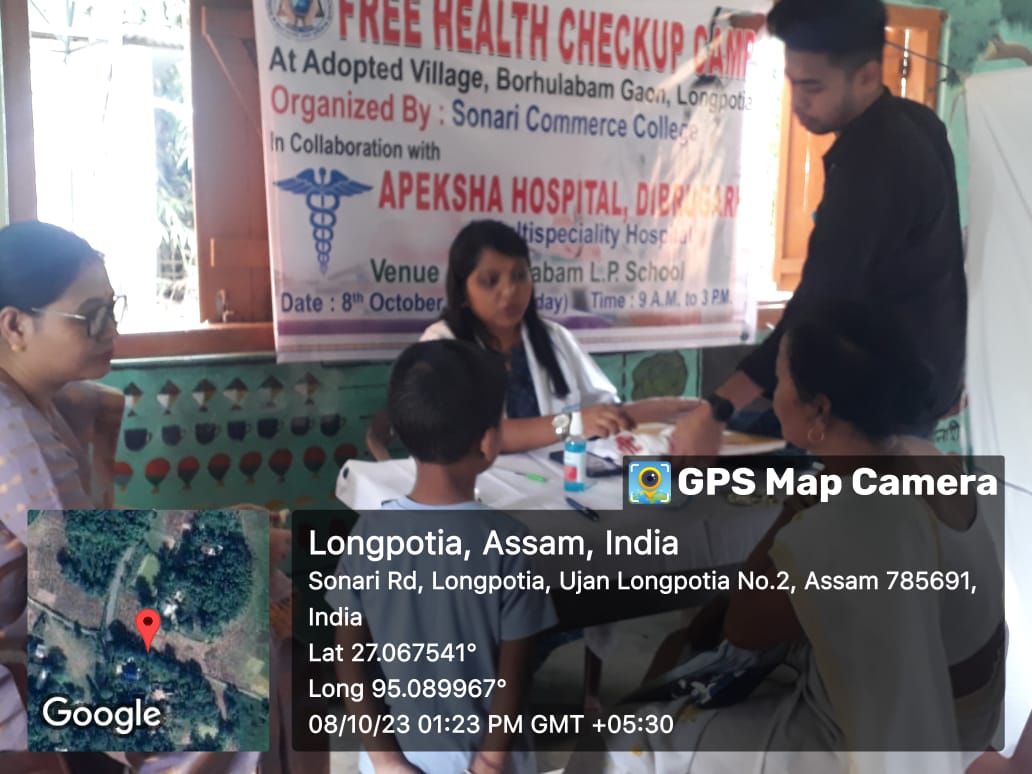 Free Health Check up camp organized By Sonari Commerce College at adopted  village Borholabam Gaon, Longpotia in collaboration with Apeksha Hospital  Dibrugarh.